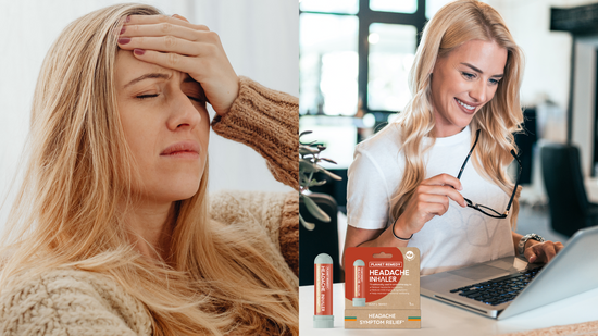 Woman with headache, cover head with hands, woman energetic at work