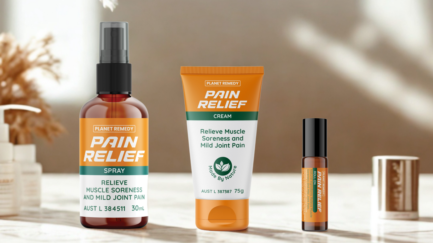Pain relief cream, spray and essential oil on the table